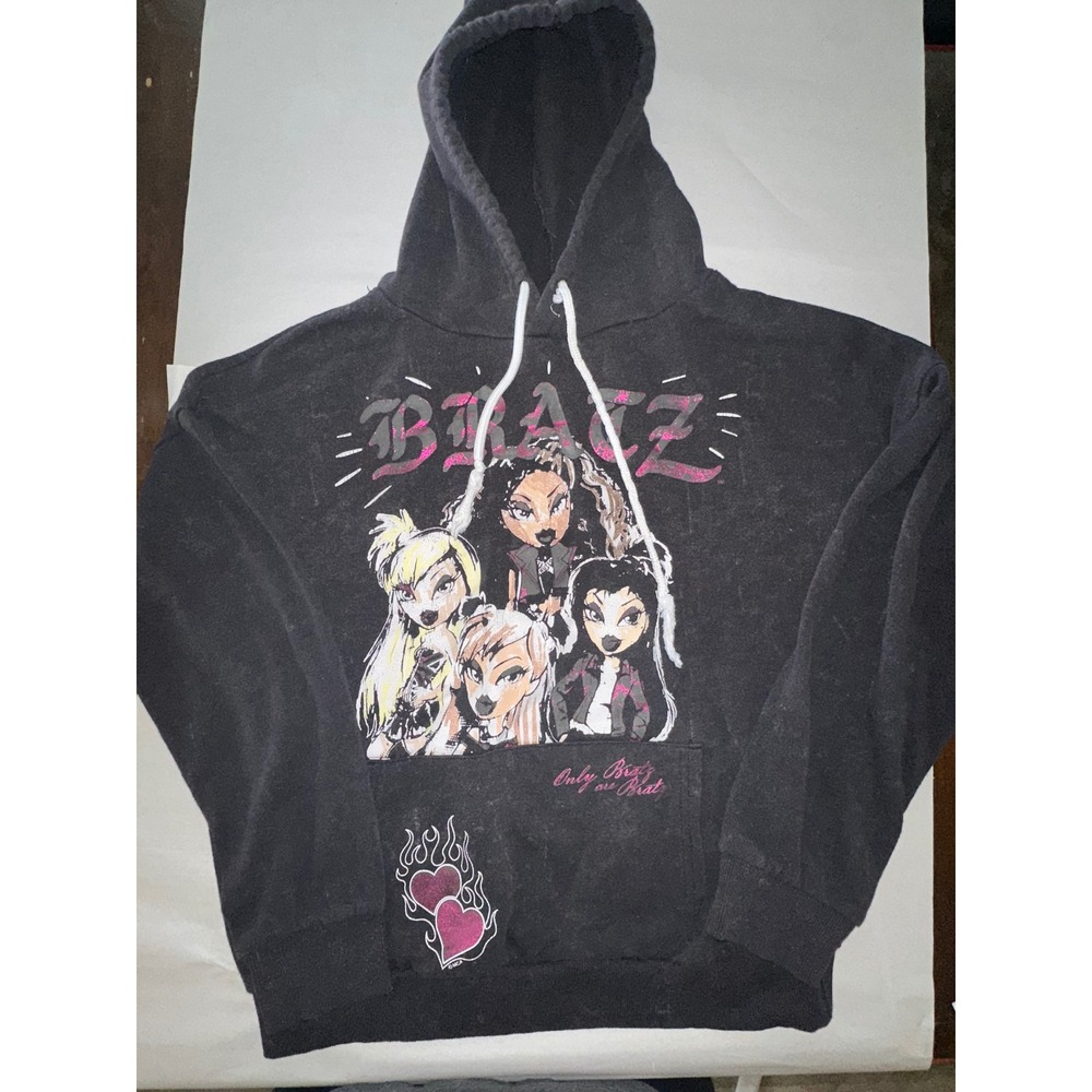 Bratz Graphic Hoodie Black Pink Glitter Y2K Pullover Sweatshirt Medium